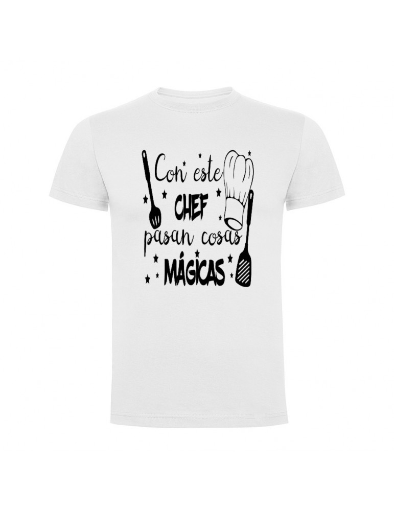 Camisetas con frases motivadoras fabricadas en 100% algodón de serie limitada con la frase Con este chef pasan cosas mágicas